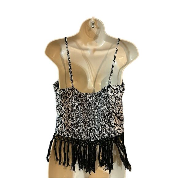 Tribal Boho Fringed Crop Top Black White Size L - Picture 4 of 6